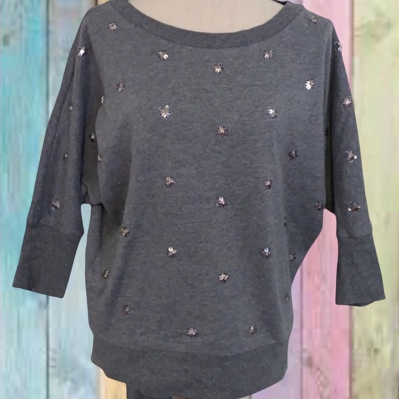 Loft Gray Silver Sequins 3/4 Length Sleeve Top - Picture 1 of 8